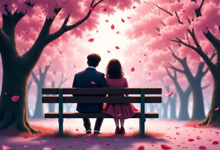 A cherry blossom grove with petals swirling around two lovers sitting on a bench, their fingers lightly touching.