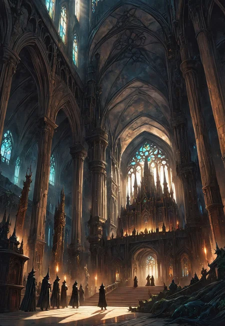 1other, indoors, balcony, (window, stained glass, colorful:1.2), tower, stairs, multiple others, ambiguous gender, fantasy, architecture, altar, standing, weapon, multiple boys, arch, (eye-level on a low-angle high-angle shot of a grand hall:1.2).
The castle is decorated with antique furniture. Two hooded acolytes, dressed in dark clothing, are performing a dark ritual on a sacrifice tied to an altar. A disturbing and ominous scene, inside a gothic castle., The illustration captures a sense of mystery and intrigue, with a low-angle shot of the castle's grandeur.,
crepuscular rays, volumetric lighting, light bloom, (deep glow effect:1.3),
anime artwork, anime style, studio anime, realistic, hyperrealism,
highly detailed, masterpiece, best quality, very aesthetic, absurdres, cinematic lighting,
DonM3t3rn1tyXL, Bloodborne, artchlr, DonMG414XL, otclillsn,