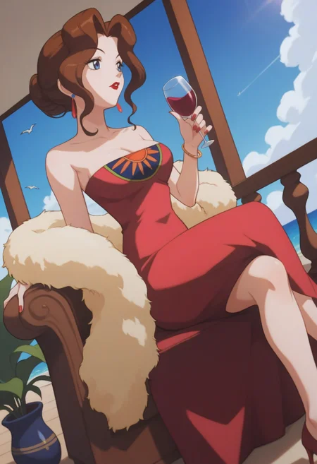 score_9, score_8_up, score_7_up, score_6_up, <lora:PMSAL:0.9>, PMSAL, brown hair, single hair bun, low hair bun, bangs, sidelocks, lipstick, blue eyes, breasts, nail polish,
earrings, strapless dress, red dress, bracelet, feather boa, red high heels,
cleavage, sitting, crossed legs, looking away, holding wine glass, close-up, dutch angle, 
BREAK indoors, blue sky, day, sunlight, on yacht, party,
