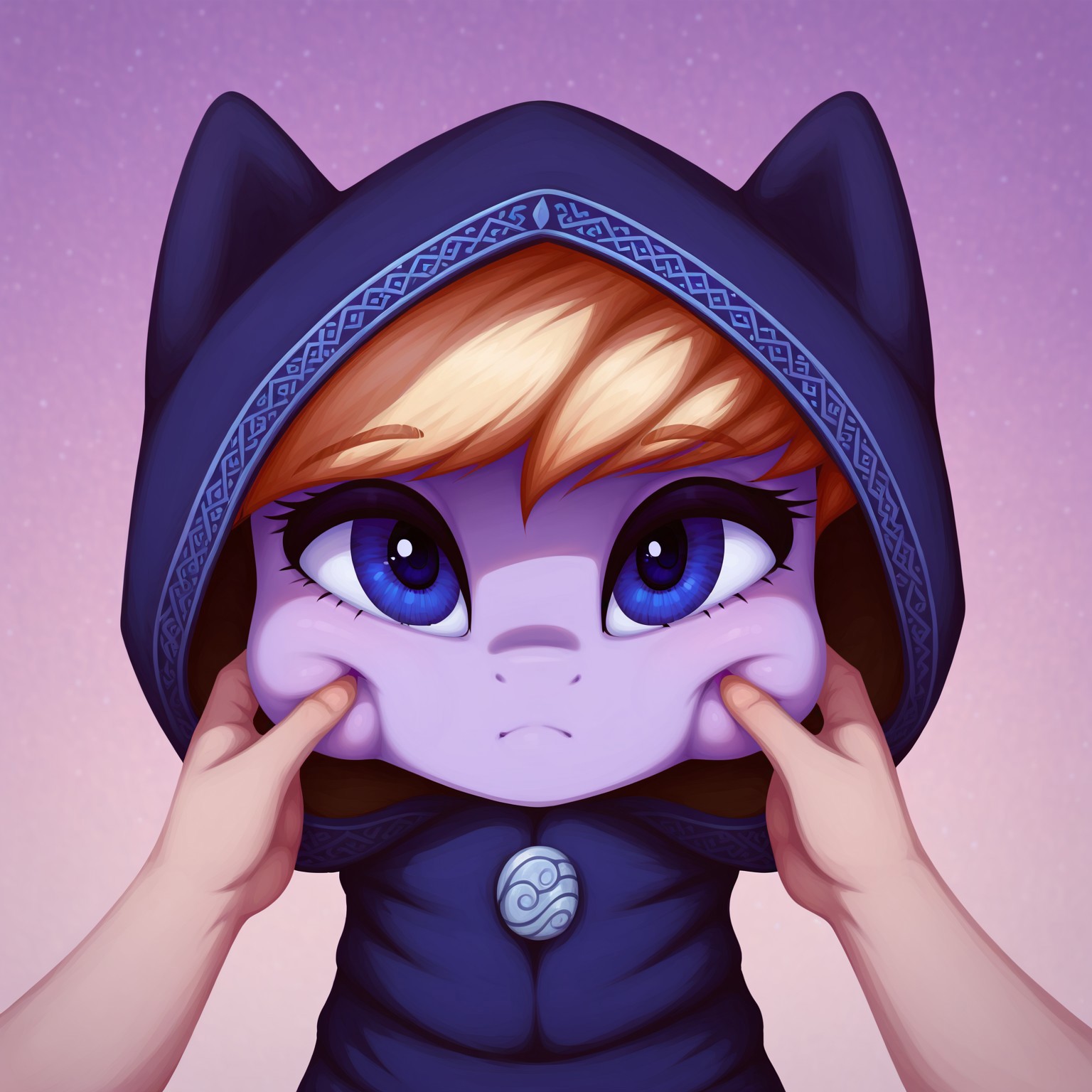 masterpiece, score_9_up, score_8_up, score_7_up, score_6_up, (best quality:1.1), ultra-detailed, high resolution, solo, Eathelin, pony, mlp, feral, midnight blue eyes, mare, female, pony ears, orchid purple skin, midnight blue eyes, thin eyebrows, long eyelashes, short blonde mane, cute, cheek pinching, pov hands, puffy cheeks, water monk's robe, dark hood BREAK detailed facial features, 4k, expressiveh, simple background, highly visible, sharp focus, anatomically correct