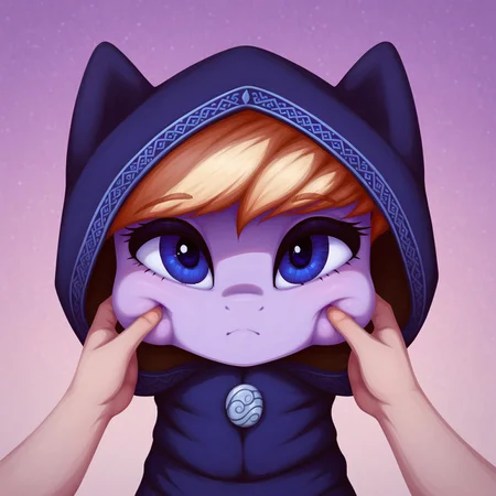 masterpiece, score_9_up, score_8_up, score_7_up, score_6_up, (best quality:1.1), ultra-detailed, high resolution, solo, Eathelin, pony, mlp, feral, midnight blue eyes, mare, female, pony ears, orchid purple skin, midnight blue eyes, thin eyebrows, long eyelashes, short blonde mane, cute, cheek pinching, pov hands, puffy cheeks, water monk's robe, dark hood BREAK detailed facial features, 4k, expressiveh, simple background, highly visible, sharp focus, anatomically correct