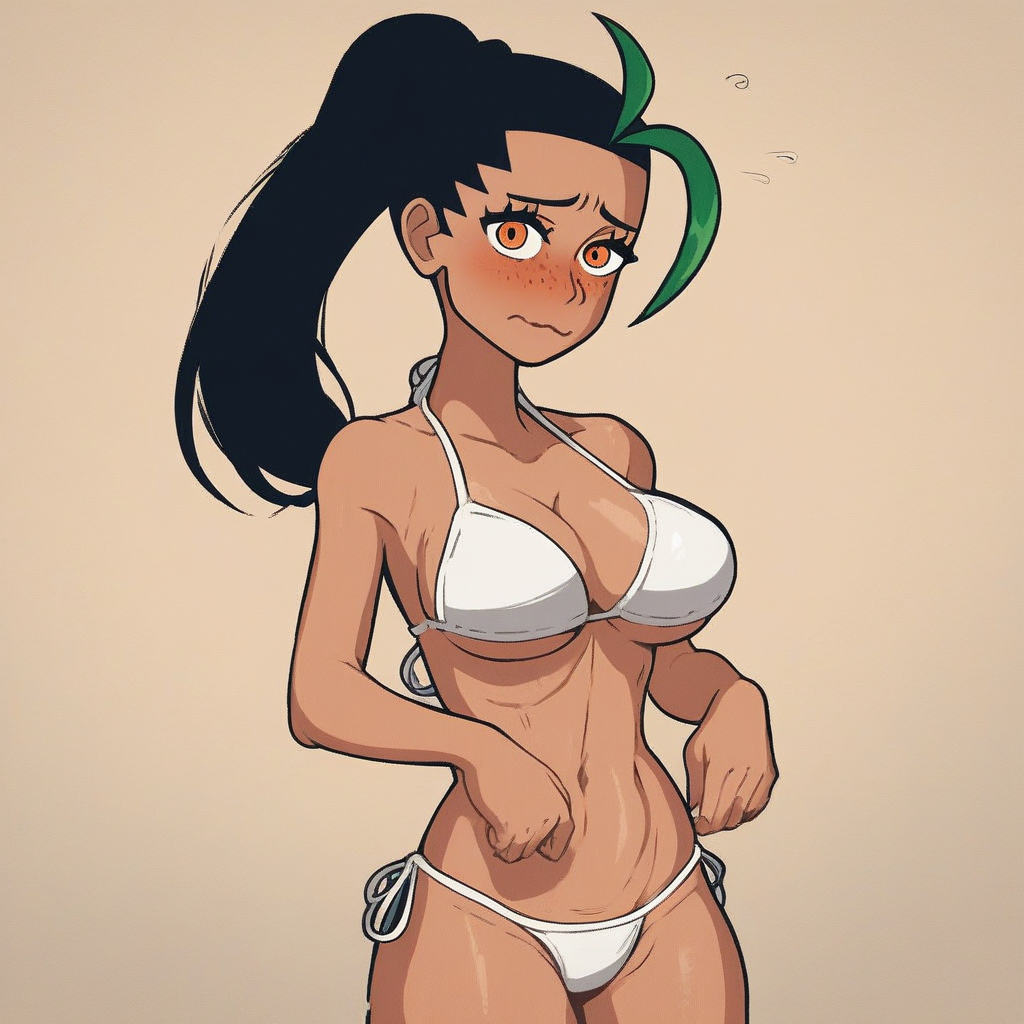 score_9, score_8_up, score_7_up, source_anime, expressive, anime, (4k4bur5tyl3:1.2), Artist speedlines, dynamic, 1girl, (nemona), streaked hair, ponytail, orange eyes, milf, aged up, curvy, fit, dark skin, (white bikini), large breasts, skinny, thick thighs, navel, standing, shy, blush, blushing, embarrassed, sensual, horny, longing, looking at viewer, source_hentai, simple background