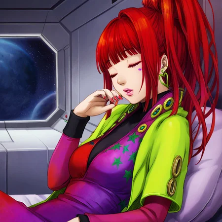 masterpiece, best quality, official artwork, 1girl, solo, sq, red hair, jewelry, earrings, purple eyes, lips, nail polish, makeup, long hair, ponytail, jacket, dress, spaceship room background, sleeping on a bed