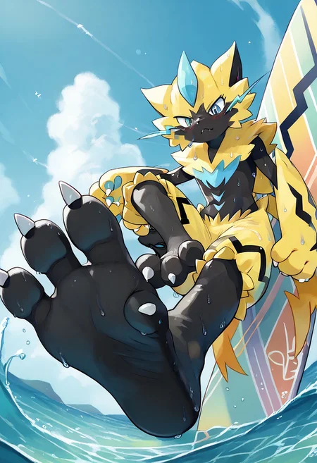 <lora:SlimesZeraora:1>, score_9, score_8_up, score_7_up, slimes_zeraora, solo, dark feet, 3 toes, foot focus, feet style, foot style, water, surfing, feet on surfboard, wet on feet, close-up
