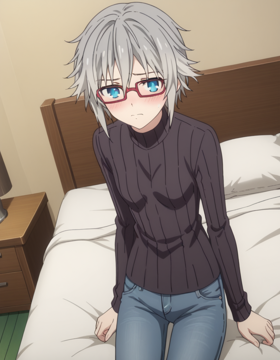 score_9, score_8_up, score_7_up, source_anime,
niahonjou,  <lora:nia-honjou-s4s5-ponyxl-lora-nochekaiser:1>,
nia honjou, short hair, blue eyes, grey hair, glasses, red-framed eyewear,
sweater, turtleneck, ribbed sweater, pants, denim,
indoors, bed, bed room, on side, blush, drunk,
looking at viewer, solo, cowboy shot, dutch angle,