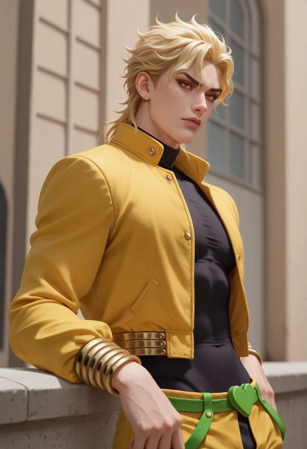 masterpiece, best quality, realistic,
1boy, solo, depth of field, scenery,
dio_brando, jojo_no_kimyou_na_bouken, 1boy, blonde_hair, red_eyes, yellow jacket,