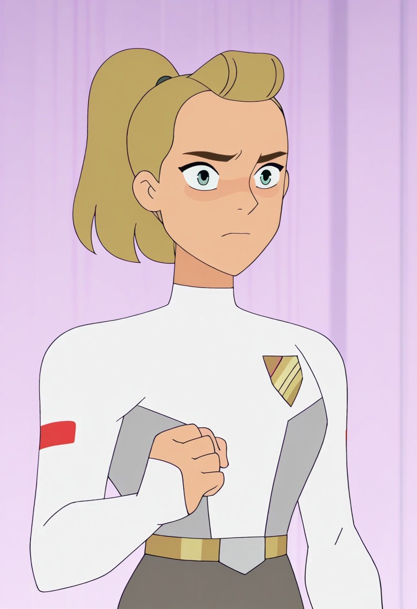 Spopstyle, upper body shot, CHAdora, ADOHair Style, ADWhite Outfit, simple background,
BREAK 
Determined: Intense gaze, clenched fists, and a firm expression, showcasing unwavering resolve and focus
