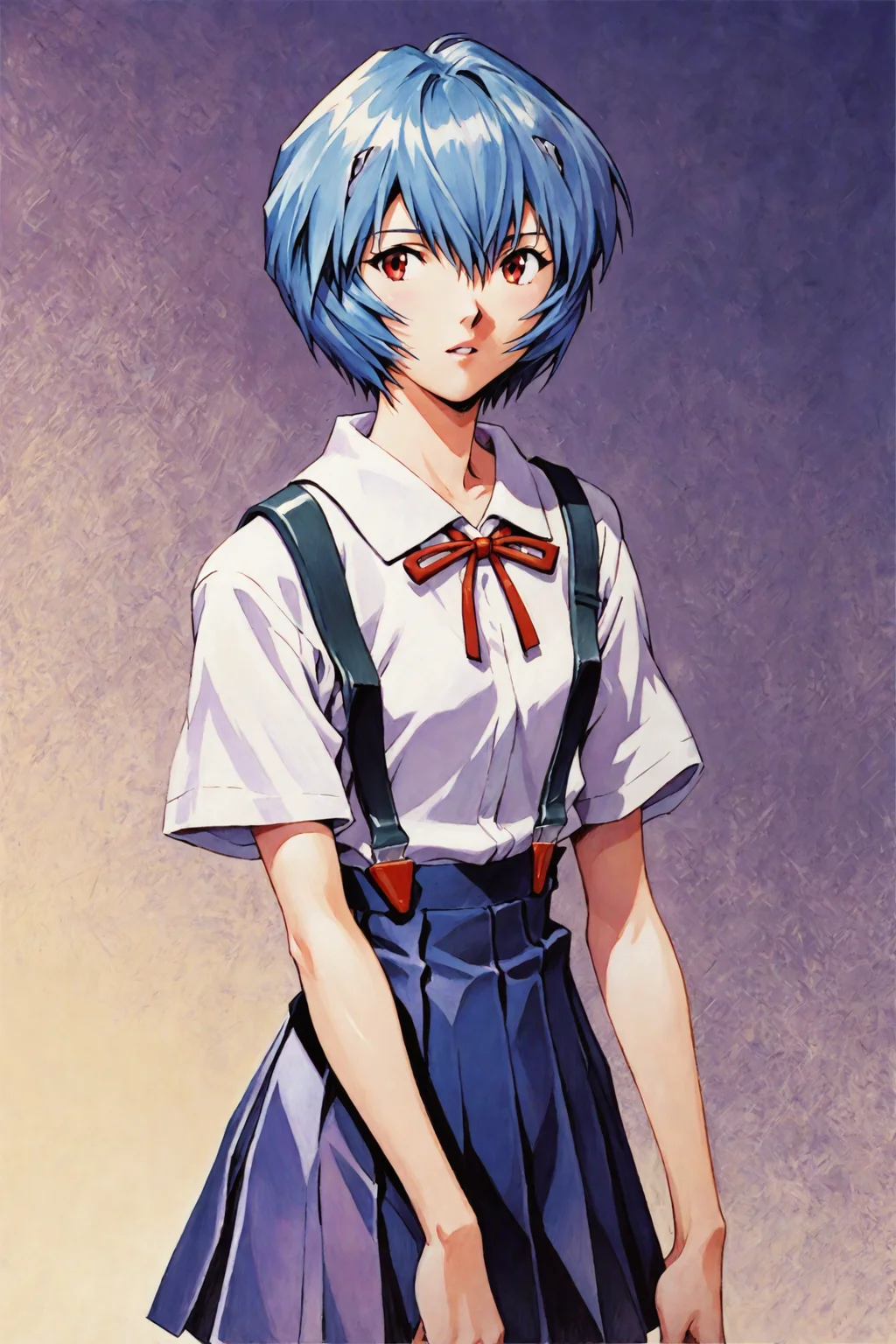 score_9,score_8_up,score_7_up,masterpiece,best quality,
Sadamoto Yoshiyuki Style,
1girl,ayanami rei,solo,red eyes,short hair,school uniform,blue hair,tokyo-3 middle school uniform,signature,short sleeves,hair between eyes,suspender skirt,purple background,bangs,purple theme,shirt,cowboy shot,looking to the side,skirt,white shirt,looking at viewer,parted lips,suspenders,traditional media,
<lora:super lora_flyx3_XL_PONY:0.8>,