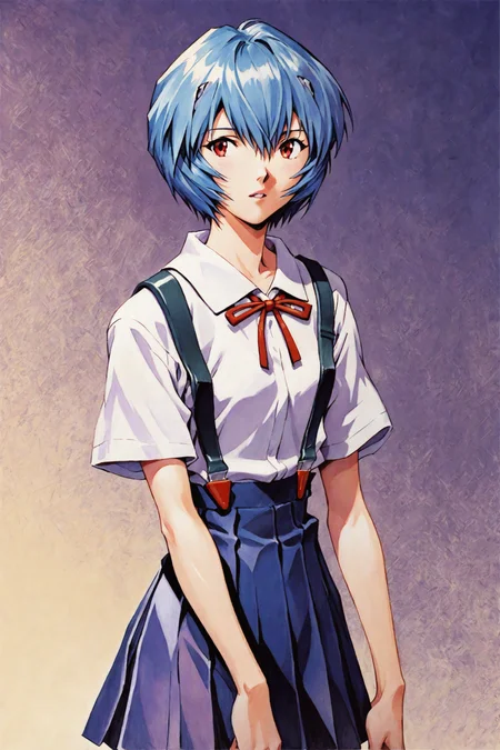 score_9,score_8_up,score_7_up,masterpiece,best quality,
Sadamoto Yoshiyuki Style,
1girl,ayanami rei,solo,red eyes,short hair,school uniform,blue hair,tokyo-3 middle school uniform,signature,short sleeves,hair between eyes,suspender skirt,purple background,bangs,purple theme,shirt,cowboy shot,looking to the side,skirt,white shirt,looking at viewer,parted lips,suspenders,traditional media,
<lora:super lora_flyx3_XL_PONY:0.8>,