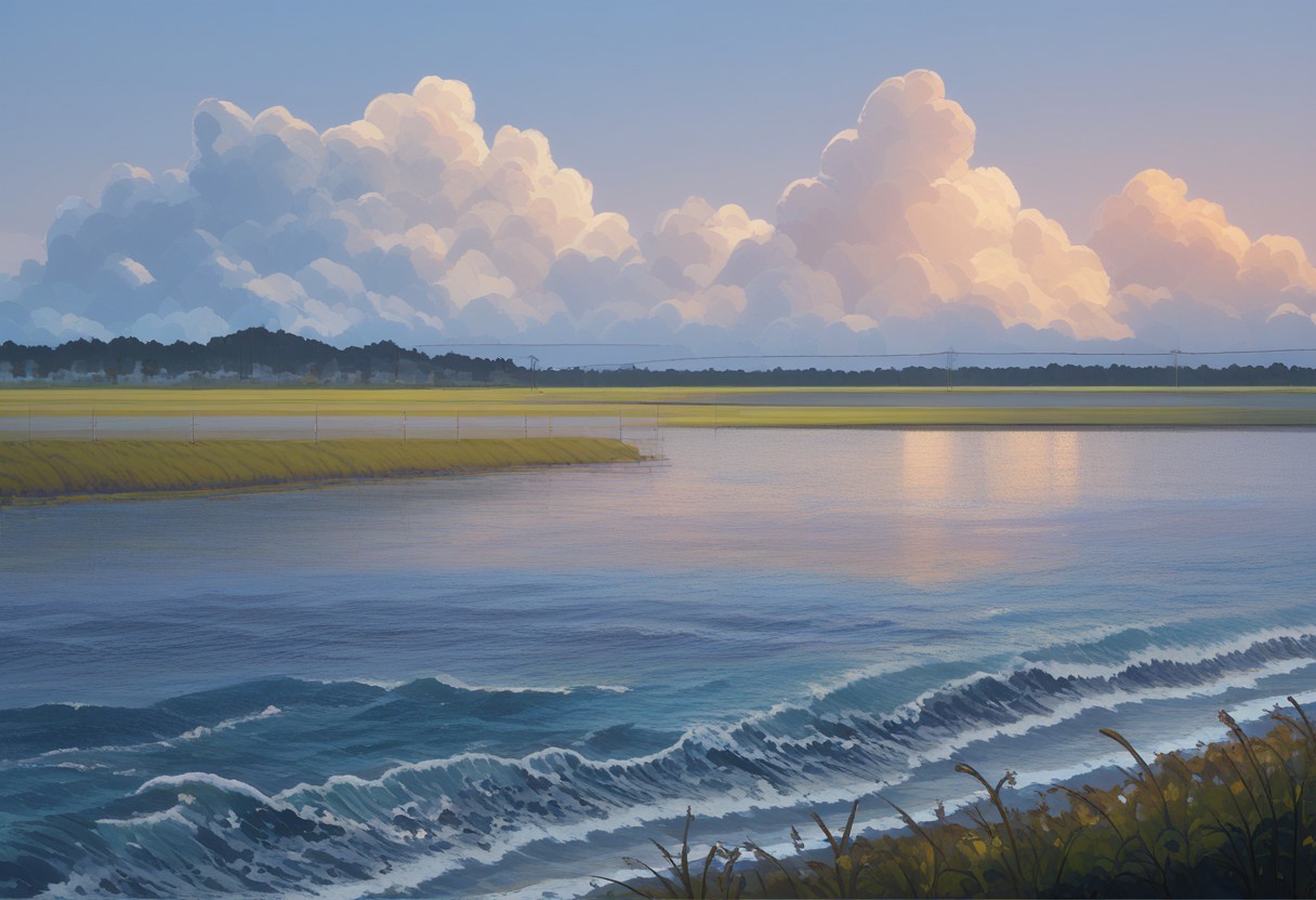 score_9, score_8_up, score_7_up, summer, lush clouds, warm light, amazing background, warm atmosphere, beautiful landscape, russian landscape, river, big waves, detailed waves, many waves