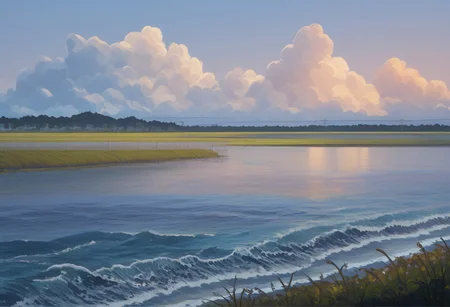 score_9, score_8_up, score_7_up, summer, lush clouds, warm light, amazing background, warm atmosphere, beautiful landscape, russian landscape, river, big waves, detailed waves, many waves