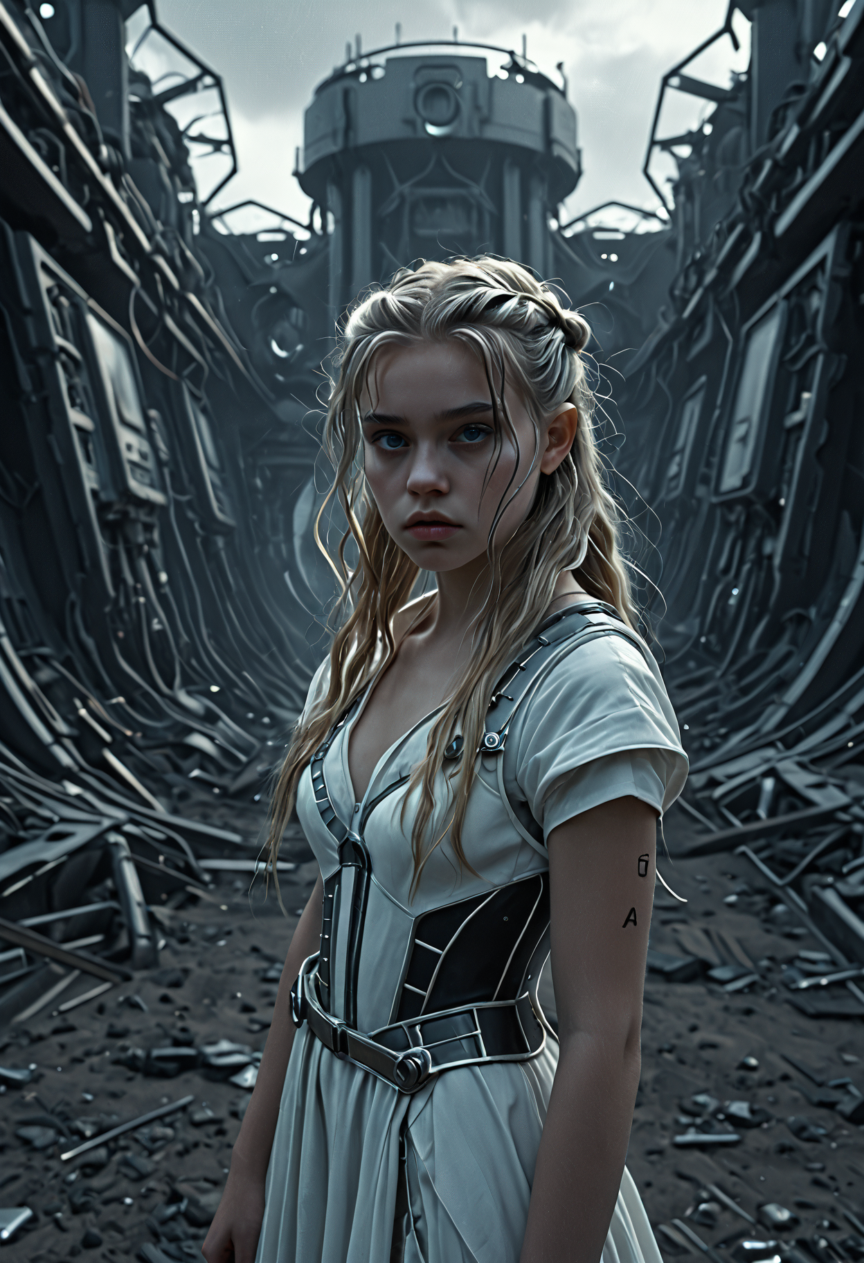 Dystopian style <lora:Beeple_retrofuturism-000005:1>,Beeple style,retrofuturism,<lora:Alice Prin OC-000005:1>,Alice Prin,1girl, . Bleak, post-apocalyptic, somber, dramatic, highly detailed