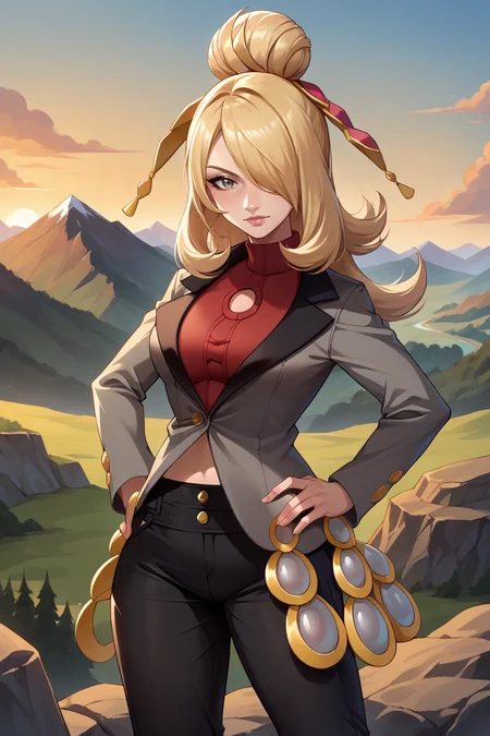 score_9, score_8_up, score_7_up, score_6_up, source_anime BREAK 1girl <lora:pkmncynthia-pdxl-nvwls-v1-000006:1> sygCyn, hair over one eye, hair bun, hairband, grey jacket, red sweater, clothing cutout, black pants, (big breasts:0.6), looking at you, sunset, rock formations, cliffs, mountains, hand on hip