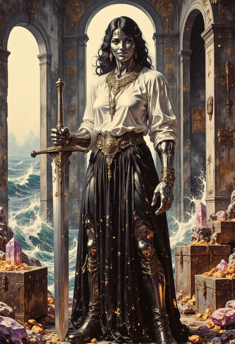 Realistic oil painting of a strong MetalFairy woman, with metallic chrome skin flowing black hair. She's wearing a flowing white blouse with a black leather pleated skirt, and black leather boots. The womans strong muscular frame grips a huge sword with one hand it's jagged blade glowing faintly with runic etchings. Her expression is that of amusement, her lips curved up in a smirk.  Adorning her chest are an arrangement of necklaces with ancient symbols. She stands in large room filled with treasure chests filled with gold and massive multicolored crystals, the windows in the room look down towards a raging sea. Her metallic skin sparkles with crystalline dust, and sweat trickles between her large breasts and huge muscles.