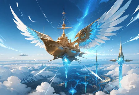 scifi, fantasy, masterpiece, best quality, great composition, ship, skyship, flying, sky, The Lumiere is a stunning, sky-faring ship that epitomizes elegance and grandeur. Its sleek, aerodynamic design combines ornate craftsmanship with functionality, making it a symbol of mastery in aerial engineering. The ship’s hull is primarily white, accented with intricate gold embellishments and flowing blue patterns, emphasizing its regal and ethereal nature.
Prominent wings, shaped like delicate feathers, extend from its sides, giving it the appearance of a celestial bird soaring through the heavens. A glowing crystal embedded at the front acts as a power source, radiating energy and light. The upper section features a grand control tower with arched windows and spires, offering breathtaking views of the endless sky.
With its gilded accents, magical aura, and ability to traverse the skies effortlessly, the Lumiere is not just a mode of transportation—it’s a flying masterpiece, blending fantasy and innovation in a seamless aerial design.