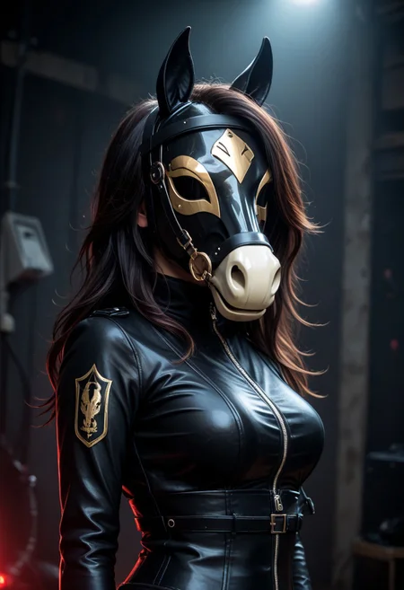 score_9, score_8_up, score_7_up, rating_safe, concept art, realistic, Fixhand.
1girl, solo,
HorseMask, Horse Mask, leather mask.