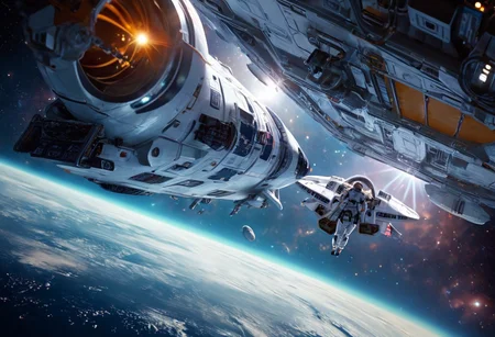 score_9, score_8_up, score_7_up, realistic skin texture, detailed photorealistic image, HD32k, absurdres, spcrft, photo of a huge capital spaceship on the edge of a solar system, with numerous smaller spaceships,