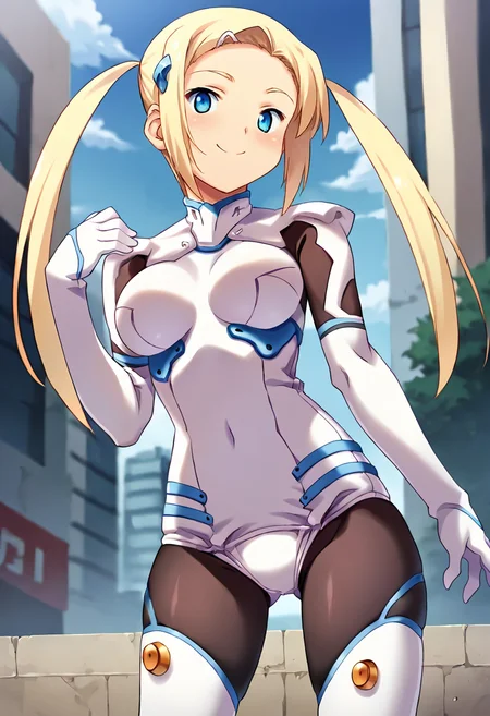 score_9, score_8_up, score_7_up, masterpiece, source_anime, 1girl, ct_yuzu, blonde hair, twintails, long hair, white hairclip, hair ornament, bodysuit, black pantyhose, thigh boots, cowboy shot, outdoors, city, depth of field, looking at viewer, smile, hand up, closed mouth, facing viewer, medium breasts, <lora:HoshikawaYuzuha_Pony_ct_ver2:1>
