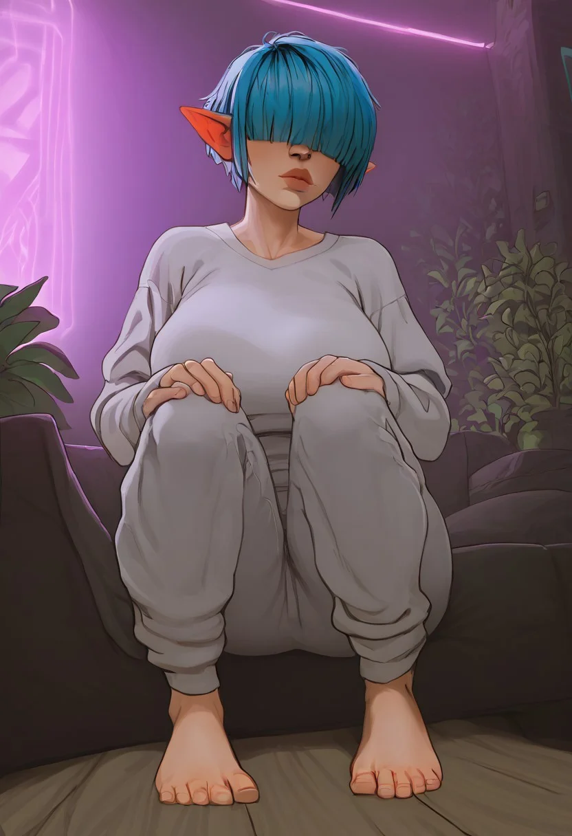 <lora:DarcyPony1.0:0.75> darcy, elf ears, 1girls, very short hair, pixie cut, solo, uncensored, full body shot, huge breasts, blue hair, slim waist, score_9, score_8_up, score_7_up, score_6_up, <lora:Smooth Anime Style LoRA XL:1>, sitting on couch, thick lips, lips, mouth focus
gray hoodie, gray sweatpants, barefoot, hair over eyes, hair over face, messy hair, hands on knees, leaning forward, legs spread, looking at viewer
, plants on the windowsill, wall of plants, monstera plant, large plant, tidy bedroom, small room, cramped bedroom, cyberpunk city view out of the window, neon light, purple neon lights,
