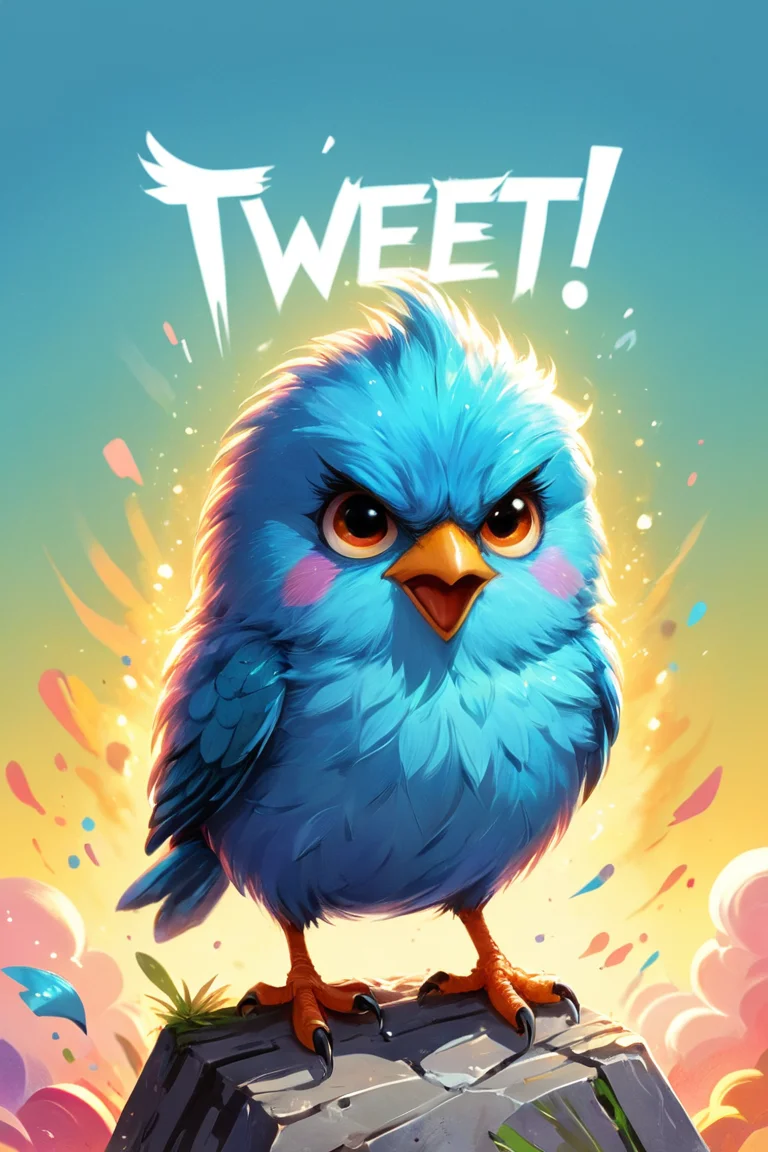 colorful comic, postcard design, ("TWEET!" text logo:1.5), 1 cute fluffy bird, angry, simple background, simple pastel colorscheme. graphic illustration, comic art, graphic novel art, vibrant, highly detailed
<lora:Harrlogos_v1.1:1>