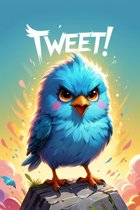 colorful comic, postcard design, ("TWEET!" text logo:1.5), 1 cute fluffy bird, angry, simple background, simple pastel colorscheme. graphic illustration, comic art, graphic novel art, vibrant, highly detailed
<lora:Harrlogos_v1.1:1>