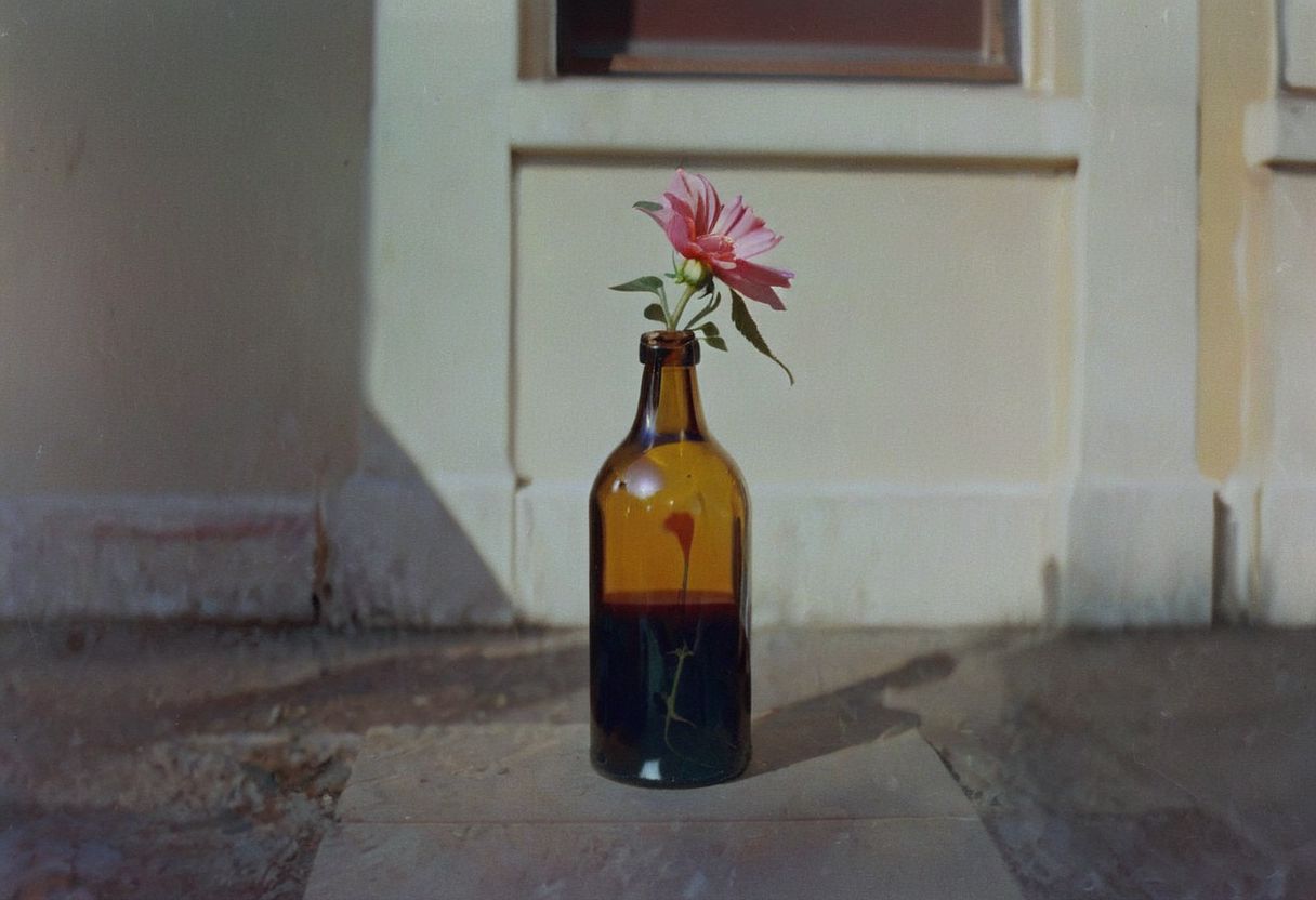 belomo_kodak_gold, instagram photo,a bottle with a flower, hard shadows, film grain