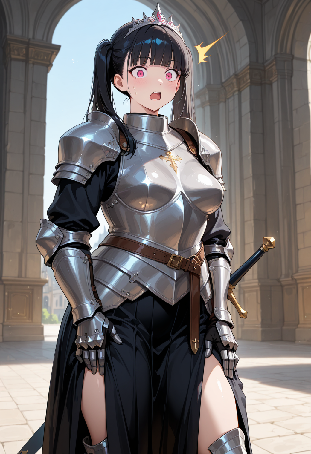 (masterpiece, best quality, amazing quality:1.1), (detailed background:1.1), thick outlines, outdoors, cowboy shot,
BREAK
(1girl, solo:1.2), (black hair, long hair, pink eyes, twintails, blunt bangs), standing, hand on own thigh, shocked,
BREAK
armored dress, breastplate, long skirt, armored boots, armored gloves, shoulder pads, knight, plate armor, long sleeves, scabbard, sheathed, tiara,
BREAK
(plump, medium breasts, sagging breasts:1.1),