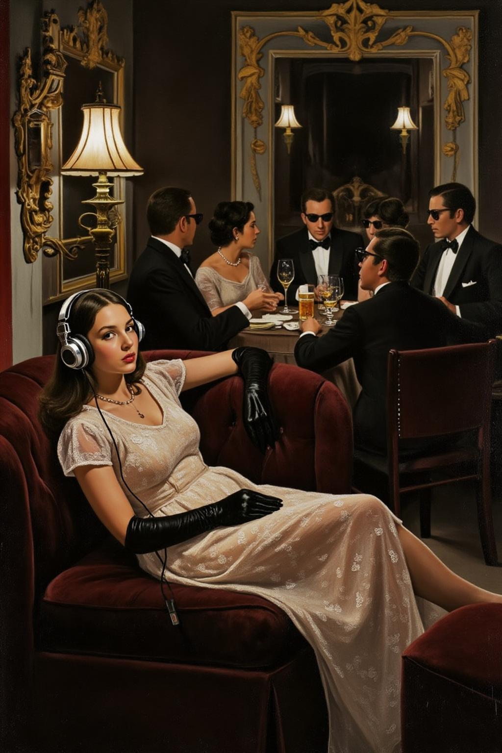 lauritsandersenring1 painting. 
A luxurious, dimly lit lounge set in 1970s Italy, exuding vintage charm and opulence. A stylish young woman in a lace dress, wearing oversized headphones, lounges on a plush velvet couch with an air of cool detachment. She dons sleek black gloves, embodying the effortless glamour of the era. In the background, a group of fashionable, well-dressed people in tailored suits and cocktail dresses sit around a table, enjoying drinks and conversation, all wearing sunglasses. The room is adorned with ornate gold decor, rich velvet textures, and the warm glow of dim lighting, evoking the chic sophistication of Italy's high society in the 1970s.  <lora:lauritsandersenring1_cap_d8a4e13:1.0><lora:857021579853351430:0>