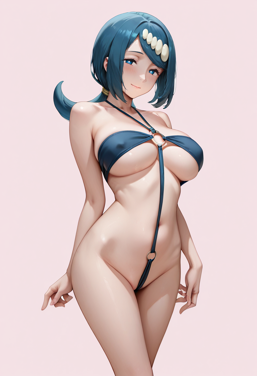 masterpiece,best quality,absurdres, amazing quality,
1girl, solo,
standing,
looking at viewer, half-closed eyes, light smile, 
simple background, pink background, 
 <lora:o-ring_slingshot:0.8> 0-r1ng_sl1ngsh0t,  o-ring swimsuit,    lana's mother \(pokemon\),