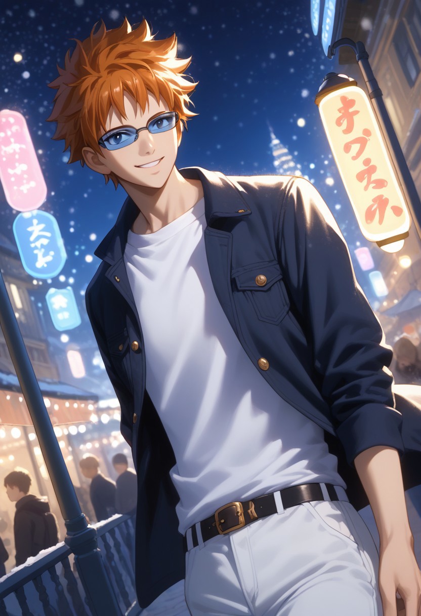 score_9, score_8_up, score_7_up, source_anime, rating_safe, night, 1hand towards viewer, LokeFT, blue Loke glasses, 1boy, male focus, shirt, jacket, white pants, closed eyes, smiling, hands with five fingers, dutch angle, outdoor starry city bridge, building exterior, street lamps, star festival, colorful lights bokeh, snowing, realistic lighting, Expressiveh