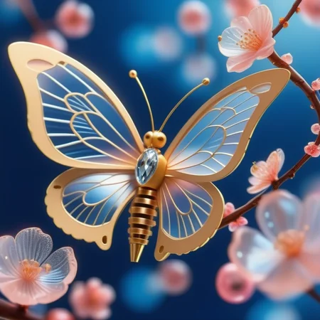 close up shot from the side, 85mm lens, a beautiful intricate mechanical clockwork butterfly, it should have bright beautiful vibrant colors, it is standing on a branch of a cherry tree next to it is a blossoming cherry bud. avoid multiple butterfly's, deep blue background <lora:SDXLFaeTastic2400:1> <lora:lora:1>