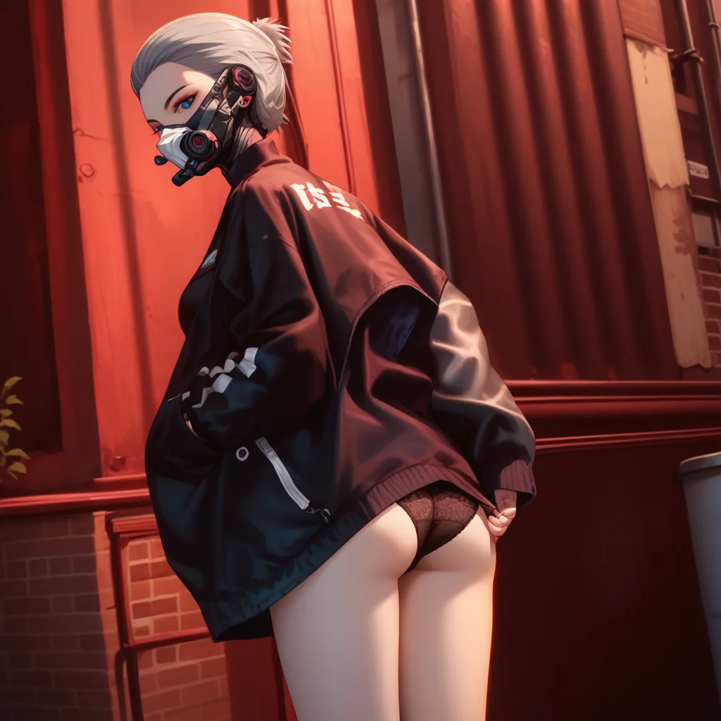 score_9, score_8_up, score_7_up, anime_source, best quality, masterpiece, 1girl, solo focus, solo, uncensored,
roxanne, grey hair, short hair, slicked back hair, blue eyes, prosthetic right leg, mask, medium breasts,
jacket, standing, extending panties towards viewer, holding panties,
looking at viewer,
detailed background, back alley,