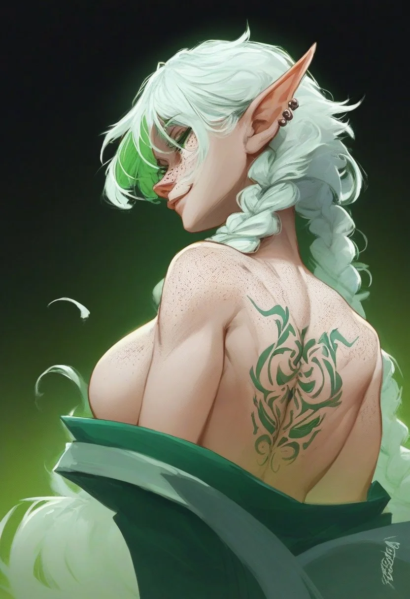 score_9, score_8_up, score_8, female, cel-shading, backlit, delicate features, very long white hair, ((braids)), upper body, large breasts, pointy elf ears, multiple ear piercings, black background, dynamic pose, (((freckles))), hair oranments, seductive smile, from behind, (((looking over shoulder))), japanese dress, colorvsgrey, green tint, green splash, iridescent hair, iridescent, light shining through hair, backlit, edgelit, yellow, green gradient, low angle of view, seductive smile, back tattoo,