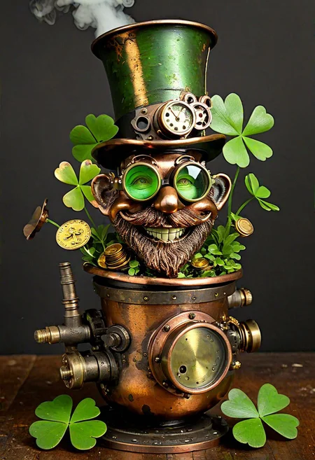 Steampunk leprechaun, weathered brass gears, intricate clockwork mechanisms, tarnished copper pot overflowing with gold coins, mischievous grin, oil-stained top hat, goggles, lush green clover patch, glowing embers, steam wisps