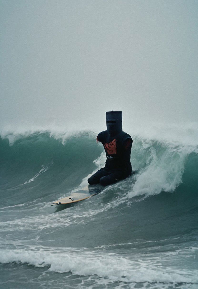 Black Knight with severed Arms and severed limbs, without Arms and legs, sitting at Surfboard surfing a huge wave with severed limbs,
very detailed, raw photo, photorealistic, high detailed texture, cinemascope, moody, epic, OverallDetail, gorgeous, 2000s vintage RAW photo, photorealistic, candid camera, color graded cinematic, eye catchlights, atmospheric lighting, skin pores, imperfections, natural, shallow dof