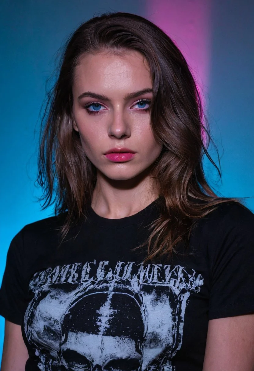 sdxl_jessidom, studio portrait, front view, wearing a black-metal tee, under soft blue and pink backlighting, ultra-sharp cinematic photo with glossy highlights and a provocative, high-fashion aesthetic