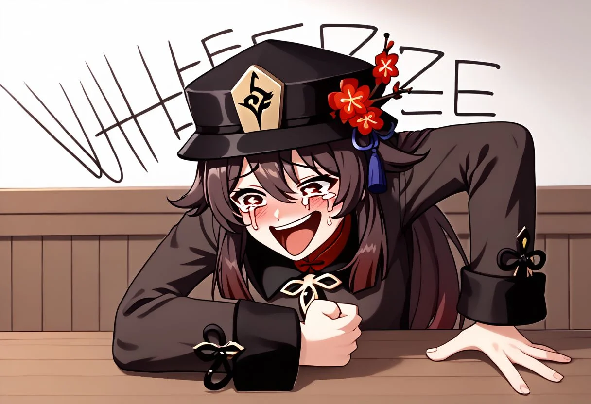 Wheeze, open mouth, tears, laughing, HuTao_DskFll, 1girl, solo, long hair, blush, brown hair, long sleeves, hat, hair between eyes, tears, black headwear, crying, meme, hu tao (genshin impact), hand on table, english text, clenched hand, indoors BREAK PonyXLV6_Scores
