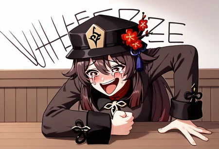 Wheeze, open mouth, tears, laughing, HuTao_DskFll, 1girl, solo, long hair, blush, brown hair, long sleeves, hat, hair between eyes, tears, black headwear, crying, meme, hu tao (genshin impact), hand on table, english text, clenched hand, indoors BREAK PonyXLV6_Scores