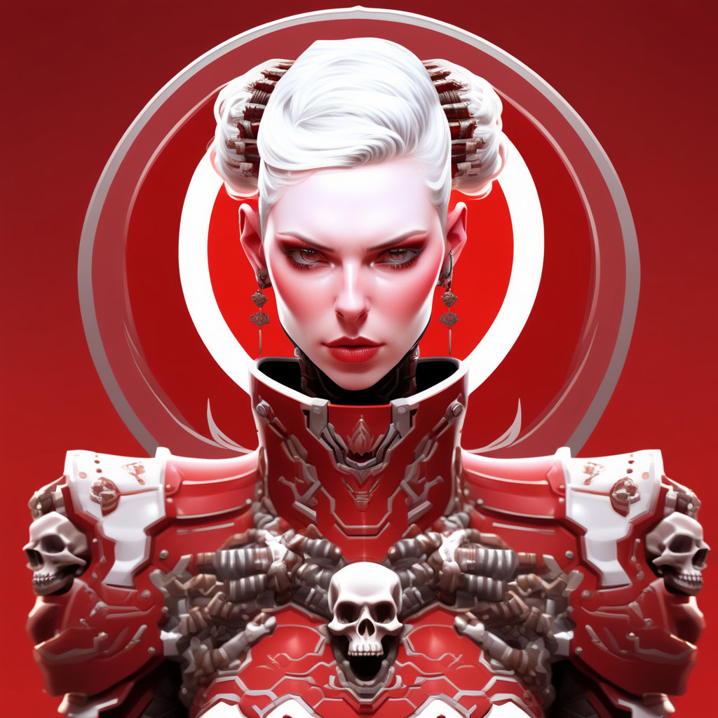 Digital illustration featuring a futuristic, armored female character with a pale complexion and white hair styled in a bun. She is adorned in intricate red and white armor with metallic accents, including skull motifs on the shoulder plates. The character has a serious expression, with visible facial features including a straight nose and closed lips. She wears multiple ear piercings and a black choker. The background is a solid red with a circular halo-like design behind her head