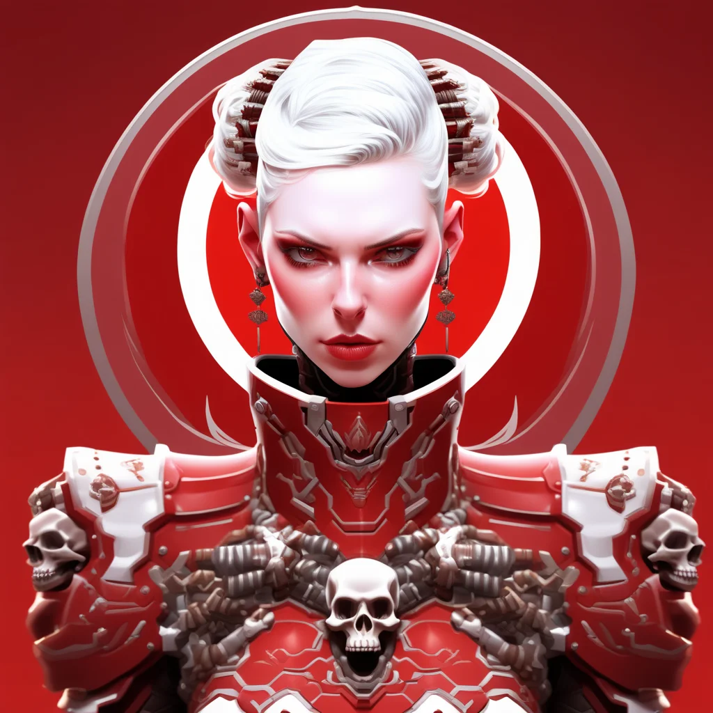 Digital illustration featuring a futuristic, armored female character with a pale complexion and white hair styled in a bun. She is adorned in intricate red and white armor with metallic accents, including skull motifs on the shoulder plates. The character has a serious expression, with visible facial features including a straight nose and closed lips. She wears multiple ear piercings and a black choker. The background is a solid red with a circular halo-like design behind her head