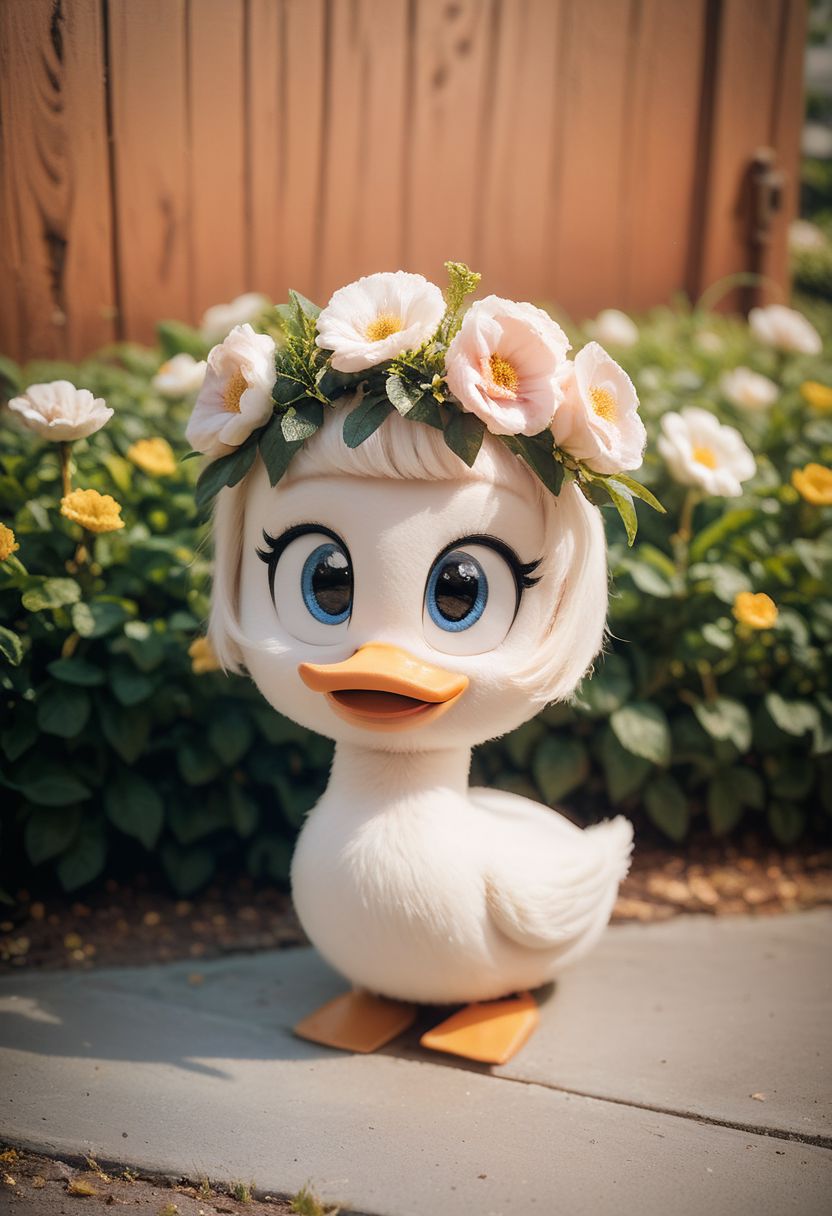 score_9, score_8_up, score_7_up, webby vanderquack, duck, flower, cozy, cute, 8k, hd, photo