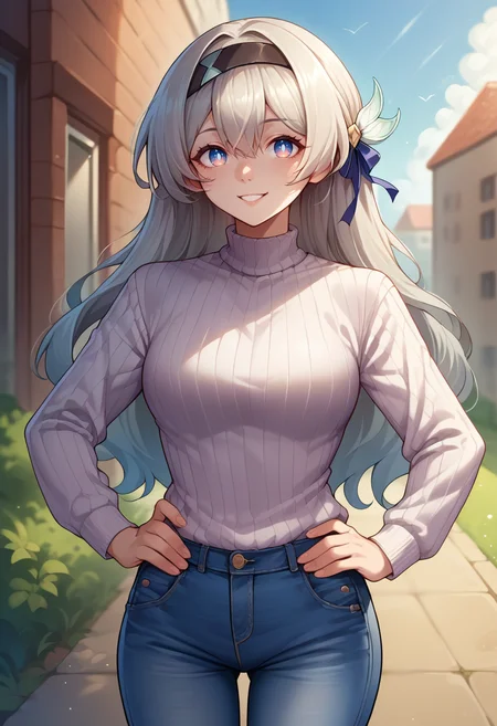 score_9, score_8_up, source_anime, 1girl, solo, FireflyHSR, blue pupils, long hair, black hairband, hair ornament, outdoors, sweater, ribbed sweater, jeans, hands on hips, smile, <lora:ChamFireflyV2PonyXL:1>
