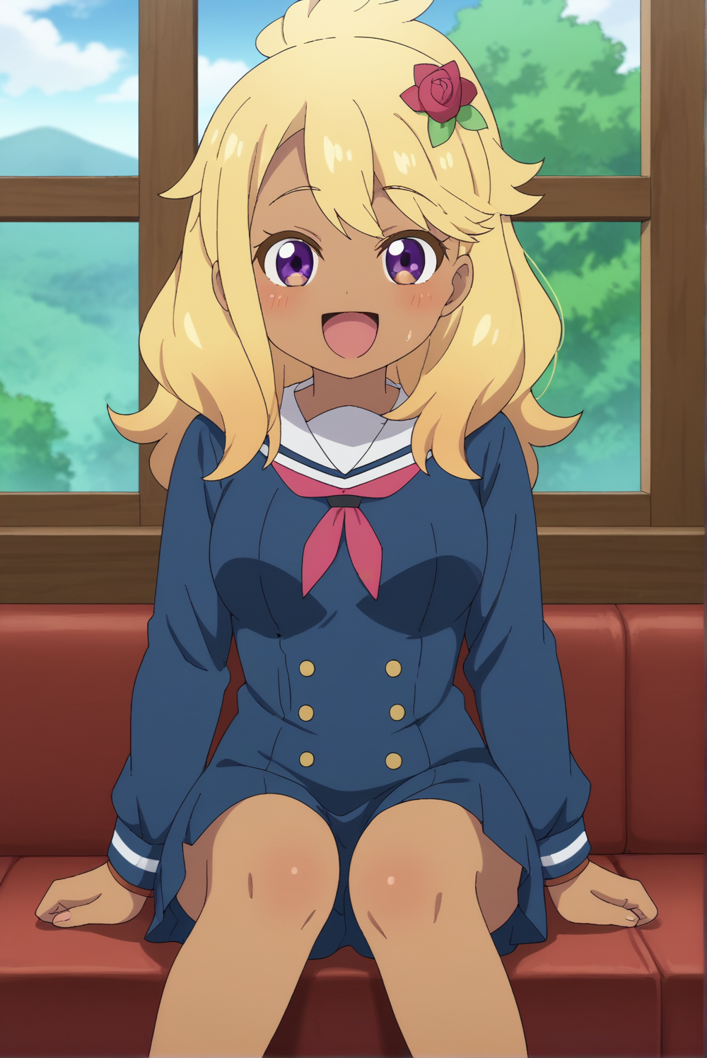 <lora:Reimi_Kuga:0.8>, Reimi Kuga, 1girl, blonde hair, long sleeves, day, dark skin, dark-skinned female, ^ ^, happy, white sailor collar,