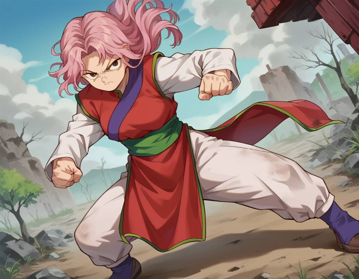 score_9, score_8_up, score_7_up, source_anime,
yyhgenkai, <lora:yyh-genkai-anime-ponyxl-lora-nochekaiser:1>,
genkai, long hair, brown eyes, pink hair, wrinkled skin, 
long sleeves, pants, sash, chinese clothes,
outdoors, wasteland, fighting stance,
looking at viewer, dutch angle, cowboy shot,