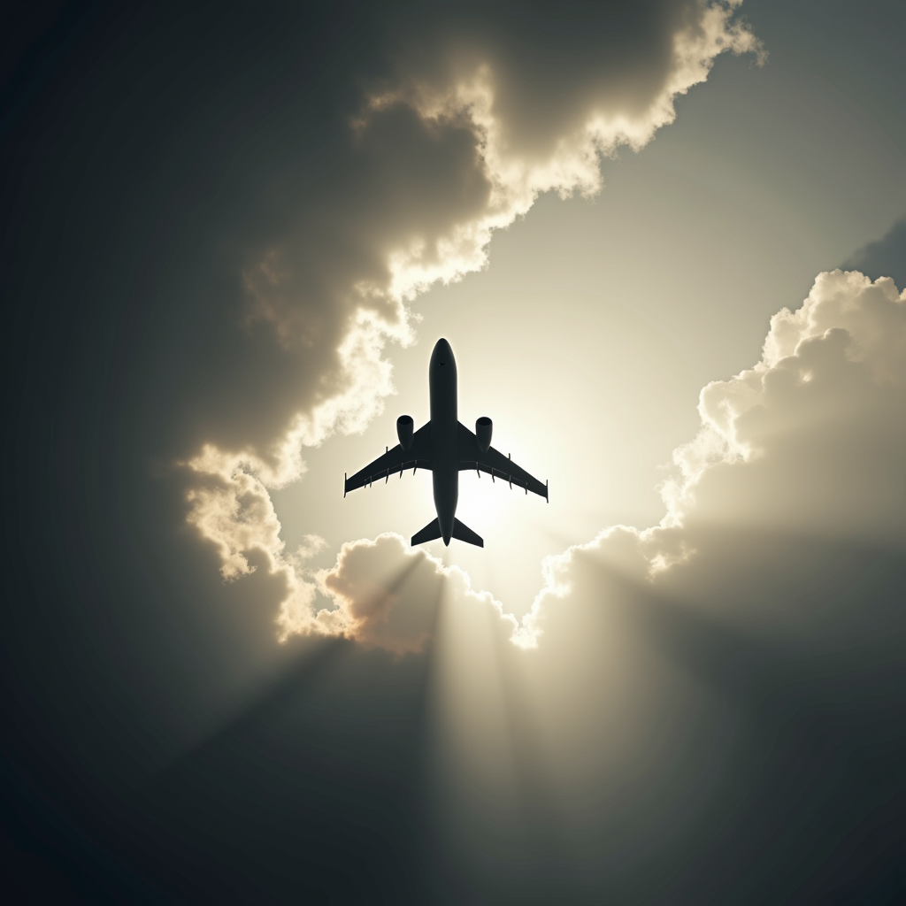 <lora:Chiaroscuro Lighting Style v1:1>
Chiaroscuro Lighting Style of a plane flying through a cloudy sky with sun rays coming through, sharp, detailed, perfect, perfection, realism, cinematic exposure, cinematic color, cinematic contrast, dramatic style, cinematic style, dramatic shadow, partially covered in shadow, Chiaroscuro Lighting Style, monochrome, outdoors, sky, cloud, signature, no humans, sunlight, cloudy sky, scenery, light rays, silhouette, sunbeam, power lines