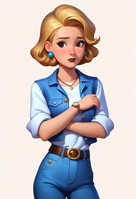 score_9, score_8_up, score_7_up, mercasg, BREAK 1girl, woman, young, solo, pretty, sad, upset, medium breasts, blonde hair, one bun on the head, bob cut, bob haircut, medium hair, brown eyes, brown lipstick, makeup, earrings in the form of blue feathers, boho necklace with brown lace and blue cabochon, denim vest with copper buttons, white shirt with loose sleeves rolled up to the elbow, cinnamon T-shirt tucked into denim blue trousers, black waist belt with a gold buckle, a watch on the left hand with a brown strap, bracelets on the right hand, BREAK hands down, left hand holding the right hand standing, cowboy shot, semi-sideways, half-sideways, looking down, BREAK simple background, white background