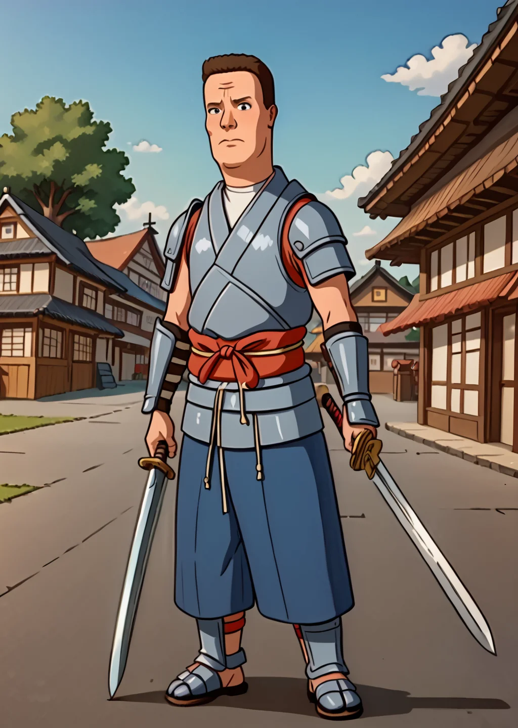 Hank Hill, samurai armor, holding sword, japanese village, solo, <lora:Hank_Hill:0.9>