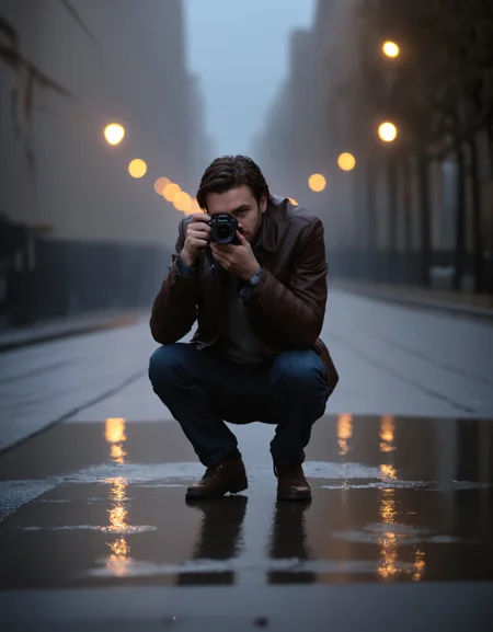 macro portrait shot of a photographer aiming their camera at night from a low position to a puddle on a city street at night, zavy-cnmtc, atmospheric haze, dynamic lighting, cinematic still, movie screencap, portrait, dynamic pose, 100mm f/2.8 macro lens, close-up
