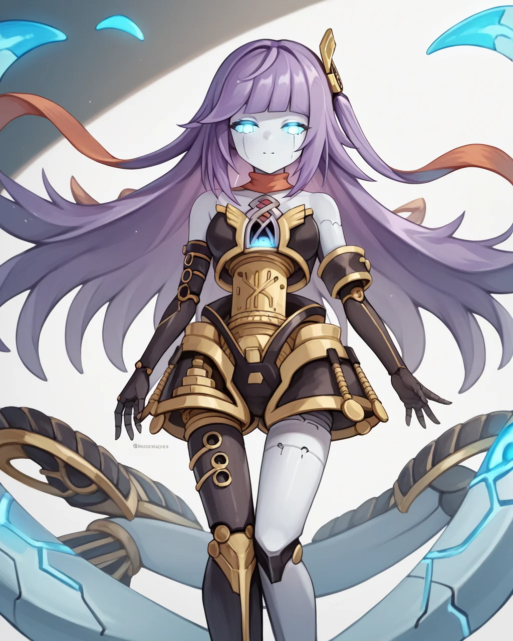 score_9, score_8_up, score_7_up, score_6_up, score_5_up, score_4_up, BREAK source_anime,<lora:add-detail-xl:1>,<lora:Expressive_H:1>,
<lora:Orphegol Galatea _1PONY:1>,orphegol galatea, 1girl, solo, long hair, purple hair, blunt bangs,Blue glowing eyes, android, joints, hair ornament, colored skin, bare shoulders, duel monster, elbow gloves, asymmetrical legwear,