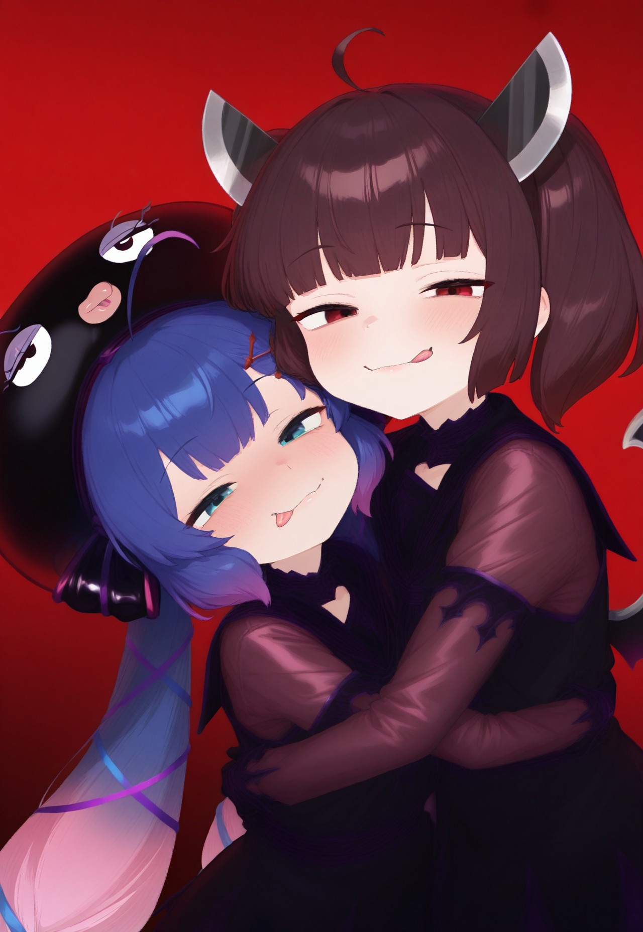 masterpiece,best quality,amazing quality,(general:2), 
2girls, duo, smug, tongue out,
touhoku kiritan, otomachi una,
corruption, waruochi, 

hugging, looking at viewer,

 